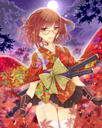 Rule 34 | 1girl, backlighting, black gloves, black skirt, blurry, blurry foreground, bottomless, branch, brown hair, cloud, cloudy sky, cowboy shot, curly hair, fingerless gloves, floating clothes, floral print, gaiters, garter belt, garter straps, glasses, gloves, japanese clothes, jitome, katana, kikuko (kazu), kimono, leaf, looking at viewer, mk (mod0), moon, night, night sky, no pussy, obi, sash, sheath, sheathed, short hair, short kimono, skirt, sky, smile, solo, sword, thighhighs, weapon, white thighhighs, wrist guards