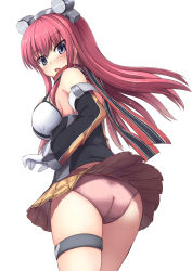 Rule 34 | 1girl, ass, bare shoulders, blucher (warship girls r), blue eyes, blush, detached sleeves, from behind, gloves, headgear, highres, legband, long hair, looking back, panties, pantyshot, pink hair, pink panties, scarf, simple background, skirt, solo, srwsrx (gp03dsrx), thighs, underwear, warship girls r, white background, white gloves, yellow skirt