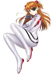 Rule 34 | 1girl, ass, bodysuit, breasts, brown hair, evangelion: 3.0+1.0 thrice upon a time, expressionless, eyepatch, full body, hair between eyes, hair ornament, highres, long hair, medium breasts, mishiro (ixtlolton), neon genesis evangelion, official alternate costume, pilot suit, plugsuit, rebuild of evangelion, simple background, solo, souryuu asuka langley, very long hair, white bodysuit, wide hips