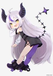Rule 34 | 1girl, :d, ahoge, ankle cuffs, bare shoulders, black dress, black horns, blush, boots, braid, braided bangs, cross-laced slit, demon girl, demon horns, detached sleeves, double-parted bangs, dress, fang, full body, grey hair, high heel boots, high heels, highres, hololive, horns, la+ darknesss, la+ darknesss (1st costume), leaning forward, long hair, looking at viewer, multicolored hair, open mouth, pantyhose, pointy ears, purple hair, purple horns, purple pantyhose, short dress, side slit, single leg pantyhose, skin fang, slit pupils, smile, solo, streaked hair, striped horns, tail, takatsurt, twitter username, v-shaped eyebrows, very long hair, virtual youtuber, white sleeves, yellow eyes