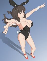 Rule 34 | 1girl, absurdres, animal ears, black hair, black leotard, blue background, breasts, cleavage, closed mouth, covered navel, fake animal ears, fake tail, full body, girls und panzer, grey eyes, high heels, highres, huaronanago, large breasts, leotard, long hair, nishizumi shiho, playboy bunny, rabbit ears, rabbit tail, simple background, solo, tail