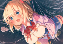 Rule 34 | 1girl, :d, akai haato, akai haato (1st costume), arms behind back, black thighhighs, blonde hair, blue eyes, blue skirt, blush, bound, breasts, buttons, cardigan, collared shirt, commentary request, english text, eyes visible through hair, fang, hair between eyes, hair ornament, hair ribbon, heart, heart hair ornament, high-waist skirt, highres, hololive, large breasts, long hair, magowasabi, neck ribbon, one side up, open cardigan, open clothes, open mouth, red ribbon, ribbon, shirt, signature, silk, skin fang, skirt, smile, solo, spider web, sweat, thigh strap, thighhighs, twitter username, very long hair, virtual youtuber, white cardigan, white shirt
