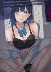 Rule 34 | 1girl, black bra, black panties, blue bow, blue bowtie, blue eyes, blue hair, bow, bowtie, bra, breasts, butterfly sitting, cleavage, collarbone, enporion, lace, lace-trimmed bra, lace trim, looking at viewer, medium breasts, medium hair, mole, mole under eye, open clothes, open shirt, original, painting (object), panties, parted lips, shirt, sitting, solo, sweat, underwear, white shirt