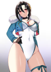 Rule 34 | 1girl, absurdres, adapted costume, alternate costume, black hair, blush, breasts, cleavage, covered navel, cropped jacket, fire emblem, fire emblem engage, from below, gloves, half gloves, hand on own hip, highres, jacket, jewelry, large breasts, leotard, looking at another, looking at viewer, looking down, necklace, nel (fire emblem), nintendo, red eyes, solo, tara (szzj7733), thick thighs, thighs