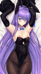 Rule 34 | animal ears, armpits, arms up, bed sheet, black hairband, black leotard, black pantyhose, blue eyes, blush, breasts, closed mouth, collarbone, dakimakura (medium), detached collar, detached sleeves, fake animal ears, fate/grand order, fate (series), gluteal fold, hairband, highleg, highleg leotard, highres, leotard, long hair, long sleeves, looking at viewer, lying, meltryllis (fate), nipple slip, nipples, on back, on bed, pantyhose, playboy bunny, purple hair, rabbit ears, sleeves past fingers, sleeves past wrists, small breasts, smile, solo, strapless, strapless leotard, thigh gap, untue, very long hair