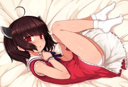 Rule 34 | 1girl, ahoge, bare legs, bed sheet, blue bow, blue bowtie, bow, bowtie, brown hair, chestnut mouth, copyright request, dark-skinned female, dark skin, dress, feet, fetal position, from above, from side, hair ornament, looking at viewer, lying, no shoes, null (nyanpyoun), on side, panties, parted lips, pink panties, red dress, red eyes, sailor collar, sailor dress, short hair, socks, solo, sweat, tony taka, touhoku kiritan, underwear, voiceroid, white sailor collar, white socks, wristband