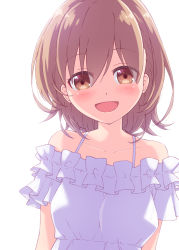 Rule 34 | 1girl, :d, bare shoulders, blush, brown eyes, brown hair, character request, collarbone, commentary request, dress, frilled dress, frills, hair between eyes, harada (sansei rain), highres, looking at viewer, off-shoulder dress, off shoulder, open mouth, raramagi, simple background, smile, solo, upper body, white background, white dress