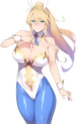 Rule 34 | 1girl, animal ears, artoria pendragon (all), artoria pendragon (fate), artoria pendragon (swimsuit ruler) (fate), bare shoulders, between breasts, blonde hair, blue pantyhose, blush, breasts, card, cleavage, closed mouth, clothing cutout, detached collar, enosan, fake animal ears, fate/grand order, fate (series), fishnet pantyhose, fishnets, hair between eyes, highleg, highleg leotard, highres, large breasts, leotard, long hair, looking at viewer, navel, navel cutout, necktie, pantyhose, playboy bunny, playing card, ponytail, rabbit ears, sidelocks, simple background, smile, solo, white background, white leotard, wrist cuffs