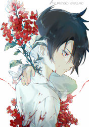 Rule 34 | 1boy, bad anatomy, black hair, blood, blood on clothes, bug, butterfly, butterfly on hand, butterfly on shoulder, closed mouth, collared shirt, copyright name, cuts, ekita kuro, flower, frown, hand on own neck, highres, injury, bug, long sleeves, looking at viewer, male focus, overgrown, profile, ray (yakusoku no neverland), red flower, shirt, solo, upper body, white background, white shirt, yakusoku no neverland