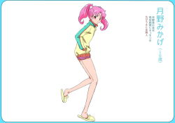 Rule 34 | 1990s (style), 1girl, bishoujo senshi sailor moon, casual, frown, full body, hands in pockets, jacket, looking at viewer, makacoon, pink hair, red eyes, retro artstyle, short hair, short twintails, shorts, simple background, slippers, solo, text focus, track jacket, translation request, tsukino mikage, twintails, white background