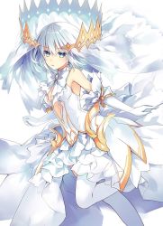 Rule 34 | 1girl, blue eyes, bow, crown, date a live, dress, elbow gloves, full body, gloves, highres, jewelry, no bra, outstretched arms, parted lips, ring, silver hair, simple background, sleeveless, sleeveless dress, solo, spoilers, thighhighs, tobiichi origami, tsunako, veil, white background, white gloves, white thighhighs