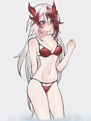 Rule 34 | 1girl, absurdres, alternate costume, aya (fawnfaes), bare arms, bare shoulders, bikini, blush, breasts, closed mouth, collarbone, commentary, english commentary, fu hua, fu hua (garuda), grey background, grey hair, groin, hair between eyes, hand up, highres, honkai (series), honkai impact 3rd, long hair, medium breasts, multicolored hair, navel, red bikini, red eyes, red hair, simple background, solo, standing, swimsuit, two-tone hair, very long hair, wet