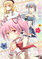 Rule 34 | 10s, 3girls, bad id, bad pixiv id, blonde hair, blue eyes, blue hair, blush, cover, cover page, drill hair, flower, kaname madoka, kyubey, mahou shoujo madoka magica, mahou shoujo madoka magica (anime), miki sayaka, multiple girls, own hands clasped, own hands together, pentagram, pink hair, short hair, star (symbol), tears, thighhighs, tomoe mami, twintails, uni (rabbit beat)