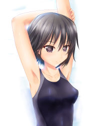 Rule 34 | amagami, arms up, bad id, bad pixiv id, black eyes, black hair, competition swimsuit, highres, nanasaki ai, one-piece swimsuit, shimoku, short hair, solo, swimsuit