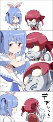 Rule 34 | 2girls, 4koma, absurdres, animal ears, blue hair, carrot hair ornament, clenched hands, comic, commentary request, cosplay, food-themed hair ornament, hair ornament, highres, hololive, hong hongcha, houshou marine, multiple girls, rabbit ears, rabbit girl, red eyes, red hair, sailor collar, sailor shirt, shirt, silent comic, smelling, thick eyebrows, trembling, twintails, two side up, ultra series, ultraman, ultraman (cosplay), usada pekora, usada pekora (casual), virtual youtuber