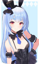 Rule 34 | 1girl, absurdres, animal ears, black dress, black hat, blue background, blue hair, collar, cuffs, dress, fake animal ears, frilled collar, frilled cuffs, frilled dress, frilled skirt, frills, hat, headband, highres, hololive, kishi like, long hair, mini hat, mini top hat, multicolored hair, necktie, official alternate costume, pixiv, skirt, sleeveless, sleeveless dress, smile, solo, streaked hair, top hat, usada pekora, usada pekora (furi furi bunny dress), virtual youtuber