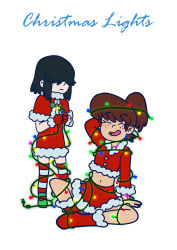 Rule 34 | 2girls, arm support, arms behind head, black hair, blush, boots, brown hair, capelet, christmas, christmas lights, closed eyes, cropped jacket, dress, freckles, full body, fur-trimmed boots, fur-trimmed capelet, fur-trimmed dress, fur-trimmed gloves, fur-trimmed jacket, fur-trimmed skirt, fur trim, gloves, green footwear, hair over eyes, high ponytail, highres, indian style, jacket, jcm2, lucy loud, lynn loud, medium hair, midriff, miniskirt, multiple girls, navel, on floor, pale skin, red capelet, red dress, red footwear, red gloves, red jacket, red skirt, santa costume, short dress, short hair, siblings, simple background, sisters, sitting, skirt, smile, standing, striped legwear, the loud house, thighhighs, white background, zettai ryouiki