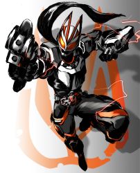 Rule 34 | 1boy, absurdres, armor, belt, electricity, foreshortening, fox shadow puppet, gun, highres, holding, holding gun, holding weapon, kamen rider, kamen rider geats, kamen rider geats (series), kintsuba (kintsuba 08), male focus, orange eyes, outstretched arm, scarf, shadow, solo, tokusatsu, weapon, white background