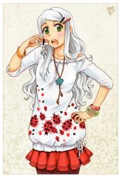 Rule 34 | 1girl, blush, bracelet, bug, collarbone, face, female focus, fish (food), food, green eyes, hair ornament, hairclip, hand on own hip, hip focus, insect, jewelry, ladybug, long hair, looking at viewer, meago, mina (meago), miniskirt, necklace, nigirizushi, open mouth, original, pantyhose, skirt, solo, sushi, white hair