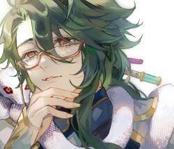 Rule 34 | 1boy, animal, animal around neck, arm guards, baizhu (genshin impact), blue shirt, changsheng (genshin impact), genshin impact, glasses, green hair, hair between eyes, hair ornament, hair stick, hand on own chin, highres, light particles, light smile, long hair, looking at viewer, male focus, mayu mey, parted lips, portrait, semi-rimless eyewear, shirt, simple background, snake, solo, white background, white snake, yellow eyes