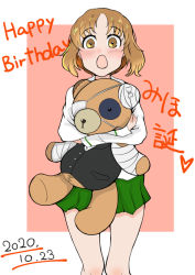 Rule 34 | 1girl, :o, bandages, blouse, blush, boko (girls und panzer), brown eyes, brown hair, character name, commentary, cosplay, dated, english text, eyepatch, girls und panzer, girls und panzer senshadou daisakusen!, green skirt, happy birthday, heart, holding, holding stuffed toy, long sleeves, looking at viewer, medical eyepatch, miniskirt, monji (crazy flogman 1), nishizumi miho, nishizumi shiho, nishizumi shiho (cosplay), ooarai school uniform, open mouth, outside border, pink background, pleated skirt, school uniform, serafuku, shirt, short hair, skirt, solo, standing, stuffed animal, stuffed toy, surprised, teddy bear, translated, white shirt