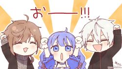 Rule 34 | 1girl, 2boys, :d, ^ ^, ahoge, aran sweater, arm up, arms up, black jacket, blue eyes, blue hair, blush, braid, brown hair, cable knit, chibi, closed eyes, commentary request, fang, gloves, grey sweater, hair between eyes, jacket, kanae (nijisanji), kuzuha (nijisanji), long hair, multiple boys, nijisanji, open clothes, open jacket, open mouth, outline, parted lips, puffy short sleeves, puffy sleeves, short sleeves, signature, smile, sofra, sunburst, sunburst background, sweater, translation request, turtleneck, turtleneck sweater, twin braids, twitter username, upper body, v-shaped eyebrows, virtual youtuber, white gloves, white hair, white outline, yuuki chihiro, yuuki chihiro (8th costume)