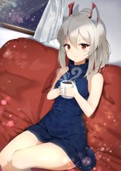 Rule 34 | 1girl, alternate costume, ayanami (azur lane), azur lane, bare arms, bare legs, blue sweater, blush, breasts, closed mouth, coffee mug, couch, cup, curtains, hair between eyes, headgear, highres, hino kagutsuki, holding, holding cup, looking at viewer, medium hair, mug, ribbed sweater, short ponytail, sidelocks, sitting, sleeveless, sleeveless sweater, small breasts, smile, solo, sweater, turtleneck, turtleneck sweater, window