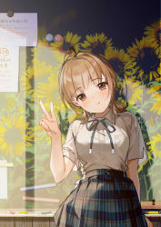 Rule 34 | 1girl, absurdres, ahoge, almic, blouse, blue ribbon, blue skirt, blush, breast pocket, breasts, brown eyes, brown hair, chalk, chalkboard, collared shirt, commentary request, day, dress shirt, highres, large breasts, looking at viewer, medium hair, original, outdoors, plaid, plaid skirt, pocket, ribbon, shirt, shirt tucked in, short sleeves, skirt, smile, solo, v, white shirt, white skirt