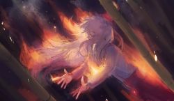 Rule 34 | 1girl, absurdres, character request, check character, dutch angle, embers, closed eyes, fire, floating hair, fujiwara no mokou, grey hair, hatena (nazequestion), highres, long hair, long sleeves, one-hour drawing challenge, pants, red pants, shirt, solo, suspenders, touhou, white shirt