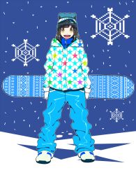 Rule 34 | 1girl, aqua headwear, black hair, blue pants, full body, gloves, goggles, goggles on head, highres, hood, hood down, jacket, long hair, looking at viewer, nobile1031, open mouth, original, outline, pants, print jacket, shoes, smile, snowboard, snowflakes, solo, standing, white footwear, white gloves, white outline, yellow eyes