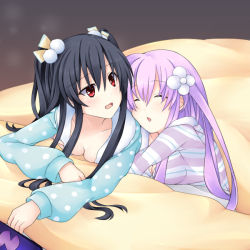 Rule 34 | amused, bed, black hair, breasts, cleavage, hair ornament, hairclip, joney, long hair, nepgear, neptune (series), open mouth, pajamas, purple hair, red eyes, sleepy, small breasts, twintails, two side up, uni (neptunia)