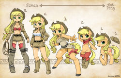 Rule 34 | 1girl, animal ears, applejack, arm up, arrow (symbol), artist name, bandeau, belt, blonde hair, boots, bow, braid, breasts, brown jacket, buckle, chaps, cleavage, clenched hand, clenched teeth, collarbone, colored skin, cowboy hat, cowboy western, cropped jacket, cutie mark, dress, english text, evolution, freckles, front-tie top, furry, furry female, green eyes, groin, hair ornament, hair ribbon, hand on own hip, hat, highres, hip tattoo, holding, holding clothes, holding hat, hooves, horse, horse ears, horse girl, horse tail, jacket, large breasts, lasso, leaning forward, light smile, long hair, looking at viewer, low-tied long hair, my little pony, my little pony: equestria girls, my little pony: friendship is magic, navel, neckerchief, no panties, no pussy, no socks, nude, open clothes, open jacket, orange skin, outstretched arm, pencil skirt, personification, pony (animal), progression, red thighhighs, ribbon, scarf, sepia background, shepherd0821, skirt, smile, smirk, solo, strapless, strapless dress, tail, tattoo, teeth, thighhighs, tube dress, very long hair, yellow skin, zettai ryouiki