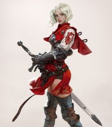 Rule 34 | 1girl, beige background, blonde hair, blue eyes, boots, breasts, fantasy, from side, holding, holding sword, holding weapon, hyunjoong, looking at viewer, medium breasts, armored boots, metal gloves, original, parted lips, sheath, sheathed, short hair, solo, sword, thigh boots, thighhighs, weapon