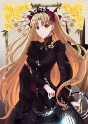Rule 34 | 1girl, black dress, black nails, blonde hair, bow, brown eyes, diadem, dress, earrings, ereshkigal (fate), ereshkigal (third ascension) (fate), fate/grand order, fate (series), floating hair, flower, grey background, hair bow, holding, holding weapon, jewelry, kaen (k-artworks), long hair, long sleeves, looking at viewer, nail polish, red bow, signature, solo, twintails, two side up, very long hair, weapon, yellow flower