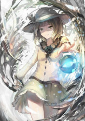 Rule 34 | 1girl, absurdres, arm at side, black ribbon, blonde hair, bow, breasts, closed mouth, clothes lift, cowboy shot, eyeball, floral print, flower, frills, glowing, glowing eye, green skirt, hat, hat ribbon, highres, komeiji koishi, long sleeves, looking at viewer, miniskirt, neck ribbon, outstretched arm, ribbon, rose, shaded face, shirt, short hair, sishenfan, skirt, skirt lift, small breasts, smile, solo, spread fingers, thigh gap, third eye, touhou, upskirt, wind, yellow eyes, yellow shirt
