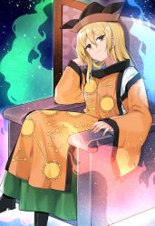 Rule 34 | 1girl, akagashi hagane, aura, blonde hair, boots, chair, closed mouth, constellation, constellation print, detached sleeves, elbow rest, feet out of frame, green skirt, hair between eyes, hat, head tilt, long hair, looking at viewer, matara okina, shirt, sitting, skirt, smirk, solo, tabard, touhou, white shirt, yellow eyes