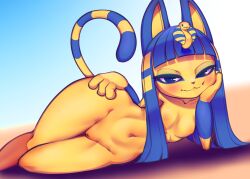 Rule 34 | 1girl, :3, alternate hair length, alternate hairstyle, animal crossing, animal ears, ankha (animal crossing), arm rest, blonde hair, blue background, blue eyeliner, blue eyes, blue fur, blue hair, blue sky, blunt bangs, blush, body fur, breasts, cat ears, cat girl, cat tail, cleft of venus, closed mouth, collarbone, completely nude, day, eyeliner, female focus, furry, furry female, groin, hair ornament, half-closed eyes, hand on own hip, hands up, happy, head rest, highres, hime cut, hitmanatee, long hair, looking at viewer, lying, makeup, multicolored hair, navel, nintendo, nipples, nude, on ground, on side, outdoors, pussy, sidelocks, sky, small breasts, smile, snake hair ornament, solo, stomach, striped tail, tail, tail raised, thick thighs, thighs, two-tone fur, two-tone hair, uncensored, wide hips, yellow fur