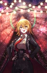 Rule 34 | 1girl, absurdres, badge, black jacket, black pants, blonde hair, don quixote (project moon), fasamma1119, hands on own hips, highres, jacket, limbus company, necktie, pants, project moon, red necktie