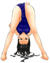Rule 34 | 10s, 1girl, adjusting clothes, adjusting swimsuit, ass, barefoot, benjamin, bent over, black hair, blue one-piece swimsuit, breasts, brown eyes, dot nose, full body, heel, kneepits, long hair, looking back, looking through own legs, one-piece swimsuit, sasa kazamori, school swimsuit, simple background, small breasts, solo, swimsuit, un-go, upside-down, white background, yellow eyes