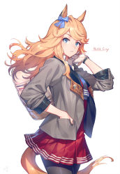 1girl, animal ears, artist logo, bag, black legwear, blonde hair, blue bow, blue eyes, blue neckwear, bow, breasts, carrying over shoulder, character name, collared shirt, commentary, cowboy shot, dress, expressionless, eyelashes, floating hair, glint, gloves, gold city, grey jacket, hair bow, hand in pocket, highres, horse ears, horse tail, jacket, lips, long hair, looking at viewer, medium breasts, necktie, okada manabi, open clothes, open jacket, pantyhose, pleated dress, red dress, shirt, short dress, shoulder bag, simple background, single glove, solo, tail, umamusume, wavy hair, white background, white gloves, white shirt