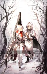 Rule 34 | 1boy, 1girl, bad id, bad twitter id, bare tree, boots, commander (girls&#039; frontline), commentary request, forest, girls&#039; frontline, gloves, hood, hooded jacket, iws 2000 (girls&#039; frontline), jacket, korean commentary, monocle, nature, red eyes, scarf, silence girl, snow, tree, white hair