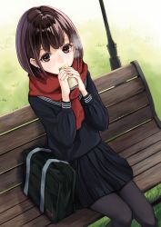 Rule 34 | 1girl, ashiya hiro, bag, bench, black pantyhose, black sailor collar, black serafuku, black shirt, black skirt, breath, brown eyes, brown hair, can, canned coffee, commentary request, day, drink can, fringe trim, highres, holding, holding can, lamppost, looking at viewer, on bench, original, outdoors, pantyhose, park bench, pleated skirt, red scarf, sailor collar, scarf, school bag, school uniform, serafuku, shirt, sitting, skirt, solo