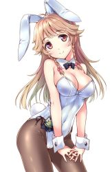 Rule 34 | 1girl, alternate costume, animal ears, black bow, black bowtie, bow, bowtie, braid, breasts, brown eyes, brown hair, brown pantyhose, cleavage, commentary request, detached collar, fake animal ears, high school fleet, kantai collection, leotard, long hair, looking at viewer, medium breasts, nonbe, nosa kouko, pantyhose, playboy bunny, rabbit ears, rabbit tail, simple background, smile, solo, tail, twin braids, white background, white leotard, wrist cuffs