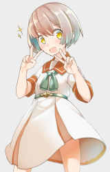 Rule 34 | 1girl, :d, blue hair, blush, breasts, brown eyes, brown hair, collared dress, comah, double v, dress, fang, fingernails, gradient hair, green neckwear, grey background, hair between eyes, hands up, looking at viewer, multicolored hair, open mouth, original, short hair, short sleeves, simple background, small breasts, smile, solo, sparkle, standing, v, white dress
