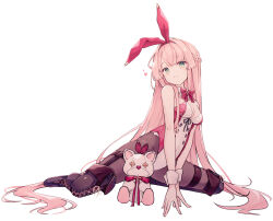 Rule 34 | animal ears, arcaea, black pantyhose, blunt bangs, blush, boots, bow, bowtie, braid, breasts, buttons, cleavage, commentary, detached collar, double-breasted, fake animal ears, green eyes, heart, highres, kou (arcaea), leotard, light smile, long hair, looking afar, medium breasts, miyu (miy u1308), pantyhose, pink hair, pink leotard, playboy bunny, rabbit ears, simple background, sitting, stuffed animal, stuffed toy, teddy bear, thigh boots, thigh strap, very long hair, wariza, white background, wrist cuffs