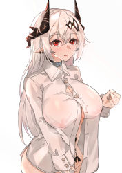 Rule 34 | 1girl, absurdres, arknights, blush, breasts, covered erect nipples, earrings, eye piercing, highres, horns, jewelry, large breasts, long hair, looking at viewer, mudrock (arknights), muteppona hito, nipples, open clothes, open mouth, pointy ears, red eyes, see-through, shirt, silver hair, simple background, solo, standing, white background, white shirt