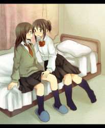 Rule 34 | 2girls, bed, black skirt, blush, brown eyes, brown hair, eye contact, hachiko (hati12), hand on another&#039;s thigh, hand on thigh, kneehighs, letterboxed, long hair, looking at another, miniskirt, multiple girls, necktie, original, pillow, pleated skirt, ponytail, school uniform, sidelocks, sitting, skirt, slippers, socks, sweater vest, yuri