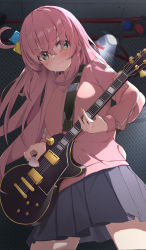Rule 34 | 1girl, band (skymole01), black skirt, blue eyes, blush, bocchi the rock!, closed mouth, commentary, cowboy shot, cube hair ornament, electric guitar, english commentary, facing viewer, from below, gotoh hitori, green eyes, guitar, hair between eyes, hair ornament, hair over eyes, highres, holding, holding instrument, indoors, instrument, jacket, lips, long hair, long sleeves, looking away, multicolored eyes, music, one side up, pink hair, pink jacket, playing instrument, pleated skirt, plectrum, skirt, solo, spotlight, standing, sweat, track jacket