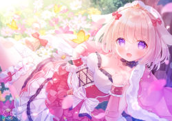 Rule 34 | 1girl, animal ears, bell, blush, bow, breasts, bridal garter, bug, butterfly, choker, cloak, collarbone, cosette (pride of eden), cross-laced clothes, daisy, detached sleeves, dress, field, flower, flower field, frilled dress, frills, fur-trimmed cloak, fur trim, garter straps, grey hair, hair ribbon, hairband, highres, insect, layered dress, medium breasts, omochi monaka, open mouth, purple eyes, rabbit ears, red: pride of eden, ribbon, short hair, single garter strap, solo, striped, striped bow, sunlight, thigh scrunchie