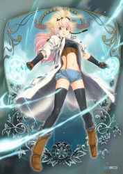 Rule 34 | 1girl, :d, black thighhighs, blonde hair, blue eyes, bustier, coat, dual wielding, goggles, goggles on head, holding, long hair, magic circle, open mouth, pixiv fantasia, pixiv fantasia new world, pointy ears, short shorts, shorts, smile, solo, thighhighs, yagisaka seto